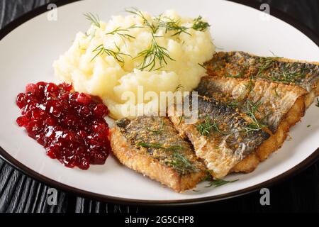 Gebratene Heringfilets mit Kartoffelpüree und Preiselbeersoße in Nahaufnahme auf einem Teller auf dem Tisch. Horizontal Stockfoto