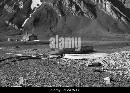 Bamsebu in Bellsund, Spitzbergen. Rechts die Überreste von Beluga-Walknochen und im Hintergrund die berühmte Walfanghütte. Stockfoto
