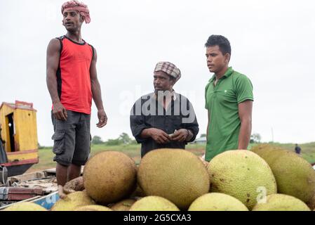 Ragamati, Bangladesch. Juni 2021. Dies ist ein schwimmender Markt von Stammes-Menschen aus abgelegenen Gebieten der Ragamati Hügellandschaft. Dieser Ort ist allgemein bekannt als ‘SAMATA GHAT' . Stammesmenschen verkaufen ihr Produkt jeden frühen Morgen zu einem Mindestpreis auf Großhandelsbasis. Hier muss der Kaufmann des ganzen Bootes von einem einzigen Händler kaufen müssen. Dieses Stammesvolk lebt dort, wo das Boot nur Kommunikationsmittel ist. Geschäftsleute aus dem ganzen Land versammelten sich hier, um frisches Obst und anderes saisonales Gemüse zu vernünftigen Preisen zu kaufen. (Foto von Riben Dhar/Pacific Press) Quelle: Pacific Press Medienproduktion Stockfoto