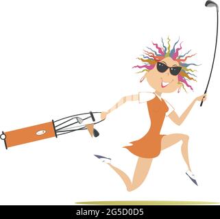 Lächelnde Golferin Frau läuft, um Golf Illustration zu spielen. Cartoon lächelnde Golferin Frau in Sonnenbrille mit Golftasche und Golfschläger läuft auf den Golfplatz ist Stock Vektor