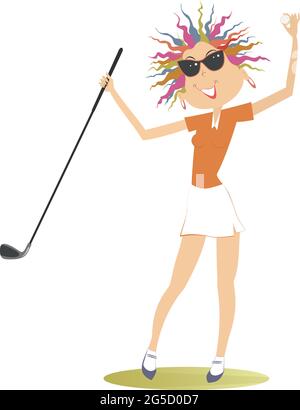 Junge Golfspielerin auf der Abbildung des Golfplatzes. Glückliche Golferin Frau in Sonnenbrille hält einen Golfschläger und Golfball isoliert auf weiß Stock Vektor