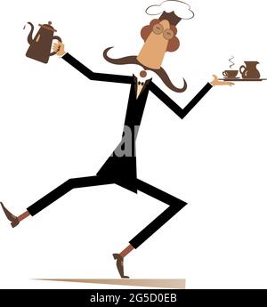 Schnurrbart Comic Koch Illustration. Der Schnurrbart-Koch trägt ein Tablett mit Kaffee- oder Teetasse und Creme in einer Hand und eine Tee- oder Kaffeeschale in einem anderen Isolat Stock Vektor