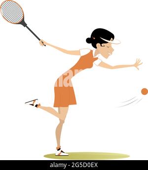 Junge Frau spielt Tennis Illustration. Eine hübsche junge Frau mit Tennisschläger schlägt einen Ball, der auf Weiß isoliert ist Stock Vektor