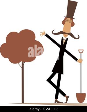 Lustige Gärtner, Spaten und ein Baum isoliert Illustration. Cartoon langen Schnurrbart Mann in der Hut mit einem Spaten Pflanzen einen Baum isoliert auf weiß Stock Vektor
