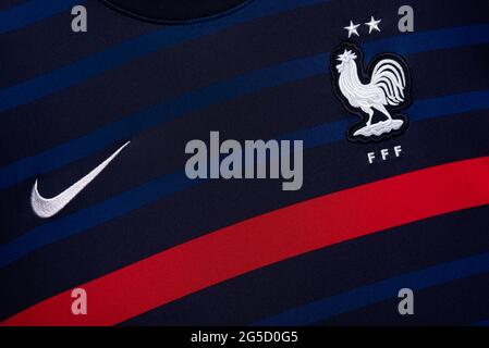 Nahaufnahme des Trikots der französischen Nationalmannschaft. UEFA Euro 2020 Stockfoto