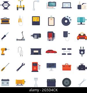 Symbole für die Reparatur von Elektrofahrzeugen setzen einen flachen Vektor isoliert Stock Vektor