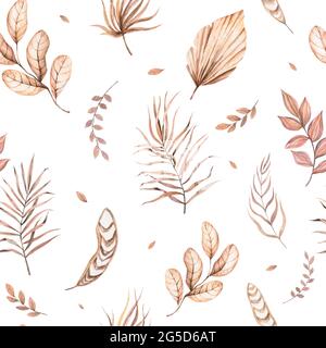 Aquarell Boho Blumen und Blätter. Digitale Zeichnung und Aquarell braun Textur. Original kreative Illustration. Nahtlose Muster, weißer Hintergrund. Stockfoto