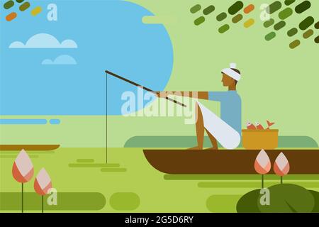 Abbildung eines Mannes, der mit einer traditionellen Angelrute im Wasser fischt Stock Vektor
