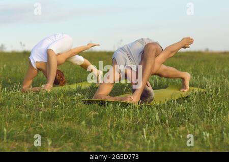 Mann und Frau machen komplizierte Biegeyogaübungen auf grünem Gras des Sommerfeldes Stockfoto