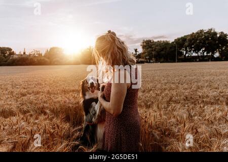 Ältere kaukasische Frau, die auf dem Weizenfeld mit einem Border Collie-Hund spielt. Freundschaftskonzept Stockfoto