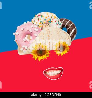 Modernes Design, zeitgenössische Kunstcollage. Inspiration, Idee, trendiger urbaner Zeitschriftenstil. Komposition mit Donuts und Taco auf rot-blauem Hintergrund. Stockfoto