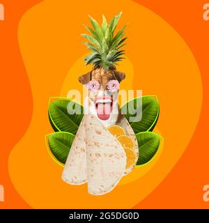 Modernes Design, zeitgenössische Kunstcollage. Inspiration, Idee, trendiger urbaner Zeitschriftenstil. Zusammensetzung mit Ananas Hundekopf und Taco auf Orange Stockfoto