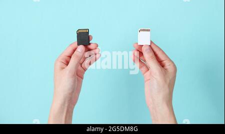 Weibliche Hände halten zwei SD-Speicherkarten auf blauem Hintergrund. Minimalistisches Techno-Konzept. Draufsicht Stockfoto