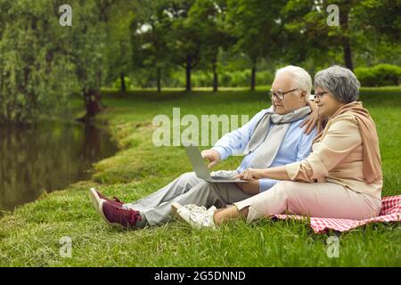 Lächelndes, glückliches, aktives Paar, das auf Plaids auf Gras im Park sitzt und auf den Laptop-Bildschirm schaut. Stockfoto