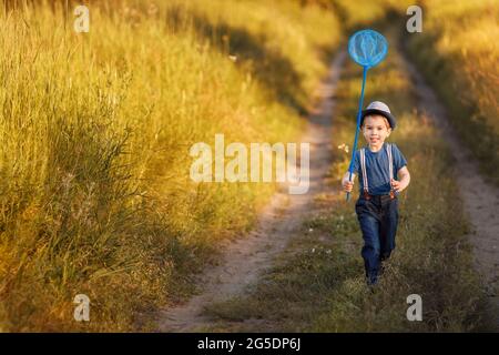 Kleiner Junge fängt Schmetterlinge mit Netz auf der Wiese Stockfoto