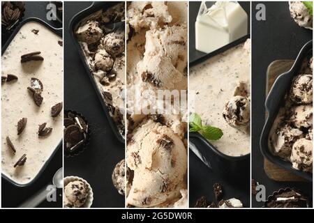 Collage aus cremigem Eis mit Cookies im Behälter auf schwarzem Hintergrund. Leckeres Kinder-Dessert ohne Zucker. Stockfoto
