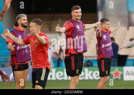 Der belgische Thomas Meunier, aufgenommen während einer Trainingseinheit der belgischen Fußballnationalmannschaft Red Devils, in Sevilla, Spanien, Samstag, 26. Juni 2021. Stockfoto