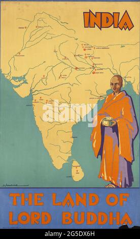 Ein Vintage-Reiseplakat für Indien, das Land des Buddha Stockfoto