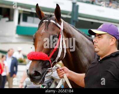 Louisville, KY, USA. Juni 2021. 26. Juni 2021: Letruska, #6, geritten von Jockey Jose L. Ortiz, gewinnt am 26. Juni 2021 in Louisville, Kentucky, die Fleur de Lis Stakes (Grad 2) bei Churchill Downs. Candice Chavez/Eclipse Sportswire/CSM/Alamy Live News Stockfoto