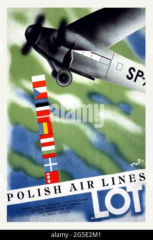 Ein Vintage-Reiseplakat für Polen und Polish Airlines LOT Stockfoto