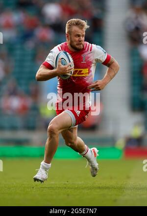 Twickenham, London, Großbritannien. Juni 2021. Premiership Rugby Union Finale, Exeter Chiefs gegen Harlekine; Tyrone Green von Harlekins im Vollflug auf der Linie Kredit: Action Plus Sports/Alamy Live News Stockfoto