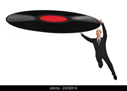 In dieser 3-D-Illustration mit Textraum fällt es einem Mann schwer, alte Vinyl-Schallplatten loszulassen. Stockfoto