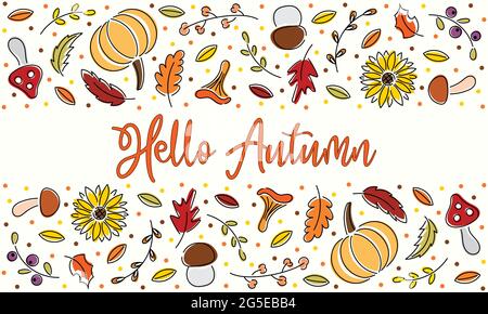 Helle Linie Kunst Illustration von Gemüse und Blättern. Hintergrund mit Hello Herbstschrift Stock Vektor