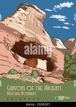 Ein Vintage-Reiseplakat für die Canyons of the Ancients National Monument, Colorado, USA Stockfoto