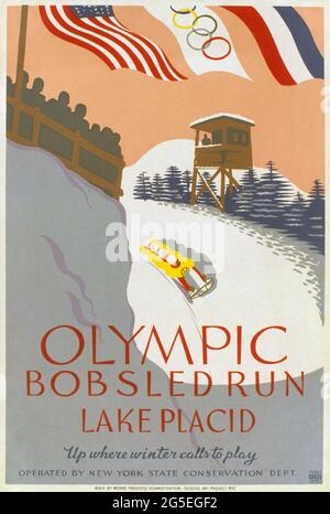 Ein Vintage-Reiseplakat für den olympischen Bob-Schlittenlauf am Lake Placid, New York, USA Stockfoto