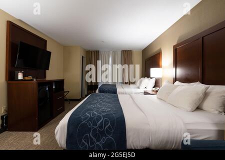 Innenausstattung eines normalen Hotelzimmers - Zimmer mit zwei Queensize-Betten Stockfoto