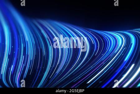 Abstrakte Linien fließendes dynamisches Muster in blauen Farben auf schwarzem Hintergrund für das Konzept der KI-Technologie. Stockfoto
