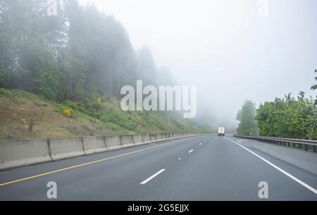 Weißer großer Langstrecken-Sattelschlepper, der kommerzielle Fracht in einem trockenen Kleintransporter transportiert, der auf einer einbahnigen Autobahnstraße mit Wald auf der Hi läuft Stockfoto