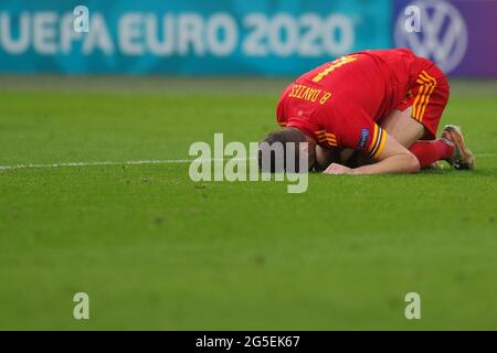 Amsterdam, Niederlande. Juni 2021. Ben Davies aus Wales reagiert während der UEFA Euro 2020 Championship Round 16 zwischen Wales und Dänemark in der Johan Cruijff Arena in Amsterdam, Niederlande, 26. Juni 2021. Quelle: Zheng Huansong/Xinhua/Alamy Live News Stockfoto