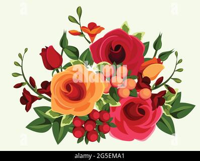 Strauß Rosen und Freesie Blumen Vektor-Illustration Stock Vektor