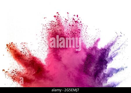 Abstrakt mehrfarbigen Pulver Spritzer auf weißem Hintergrund.Freeze Bewegung der Farbe Pulver explodieren. Stockfoto