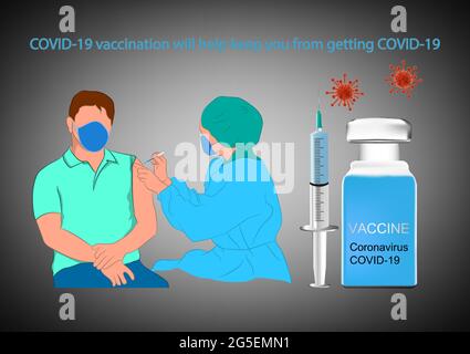 Grafikdesign Konzept covid-19 Impfstoffe schützen vor und nutzen von Abbildung des Covid-19-Impfstoffvektors Stock Vektor