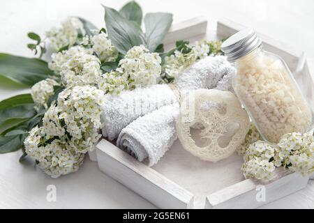 Spa Stillleben mit Gesundheits- und Körperpflegeprodukten, Loofah und Meersalz. Stockfoto