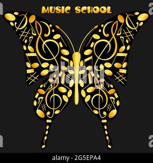Logo in Form eines Schmetterlings aus Noten für eine Musikschule 1 Stock Vektor