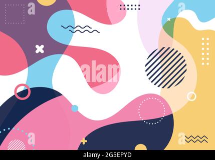 Abstrakte fließende Form bunten Splash Hintergrund mit geometrischen Formen Elemente Muster im Retro-Stil der 80er-90er Jahre. Vektorgrafik Stock Vektor