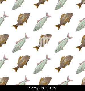 Fischkreuzkarpfen und Rudel nahtloses Muster, isoliert, Seitenansicht, von Hand gezeichnet Stock Vektor