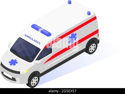 Isoliertes Symbol für Krankenwagen auf weißem Hintergrund. Isometrische Darstellung des flachen Vektorgrafikes. Stock Vektor