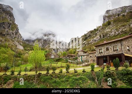 Cain de Valdeon an einem bewölkten Frühlingstag, Picos de Europa, Kastilien und Leon, Spanien. Stockfoto