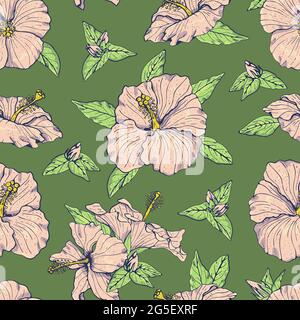 Nahtloses Vintage-Muster mit pinken Hibiskusblüten, Knospen und Blättern, mit dunkler Kontur. Auf grünem Hintergrund Stock Vektor