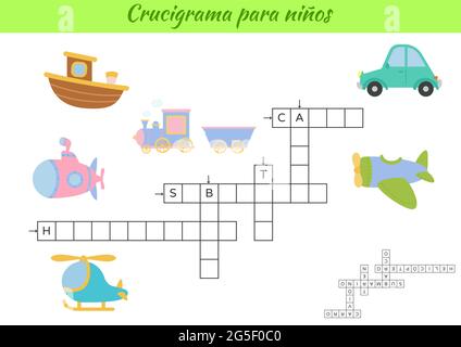 Kreuzworträtsel für Kinder auf Spanisch mit Bildern von Transport. Lernspiel zum Lernen der spanischen Sprache und Wörter. Druckbares Arbeitsblatt für untergeordnete Vorgänge Stock Vektor