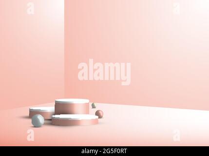 3D Studio Zimmer Schaufenster zeigen geometrische beige Zylinder Sockel, rund minimal rosa Szene Hintergrund. Sie können für kosmetische Produkte, etc. Vector verwenden Stock Vektor