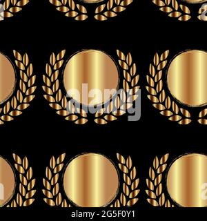 Kreise und Äste mit Blättern von goldener Textur auf schwarzem Hintergrund. Nahtlose Vektor-Gold-Muster.Trendy Abstraktion aus Kreisen, groß Stock Vektor