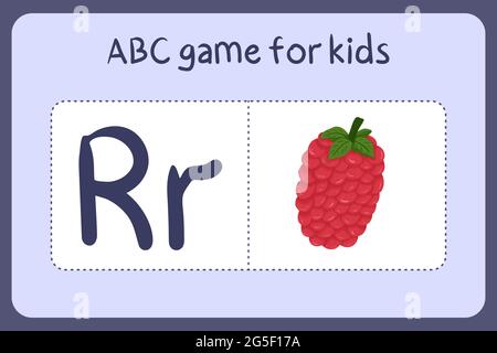 Kind Alphabet Mini-Spiele im Cartoon-Stil mit dem Buchstaben R - Himbeere. Vektor-Illustration für Spiel-Design - Schneiden und spielen. Lerne abc mit Flash-Karten für Obst und Gemüse. Stock Vektor