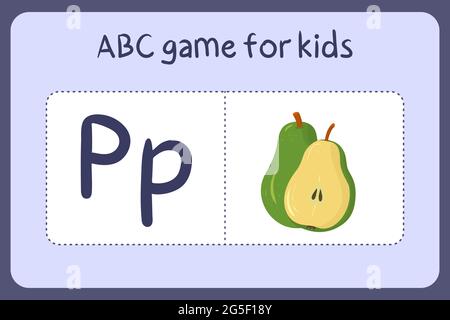 Kind Alphabet Mini-Spiele im Cartoon-Stil mit dem Buchstaben P - Birne. Vektor-Illustration für Spiel-Design - Schneiden und spielen. Lerne abc mit Flash-Karten für Obst und Gemüse. Stock Vektor