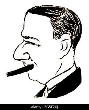 Gouverneur Alfred Emanuel Smith ( 1873 – 1944) - aus einem 1919 erschienenen Buch mit Karikaturen berühmter Persönlichkeiten der Zeit des Künstlers Giovanni Viafora (USA) - besser bekannt als Al Smith, Der amerikanische Politiker diente vier Amtszeit als Gouverneur von New York und wurde 1928 als Präsidentschaftskandidat der Demokratischen Partei gewählt. Als Gouverneur von New York hob er die Verbotsgesetze des Staates auf. Später beteiligte er sich am Bau und der Förderung des Empire State Building Stockfoto