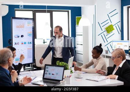 Der Geschäftsführer kritisierte die multiethnischen Arbeiter wegen des Scheiterns der Unternehmensprobleme und schrie im Konferenzraum. Rügen erfolglose Ergebnisse und Rivalität Konzept. Stockfoto